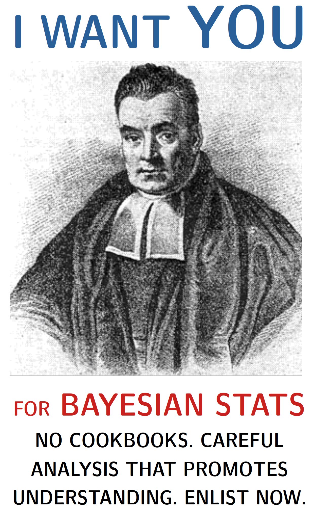 Thomas Bayes wants YOU to join Bayesian stats. No cookbooks. Careful analysis that promotes understanding. Enlist now.